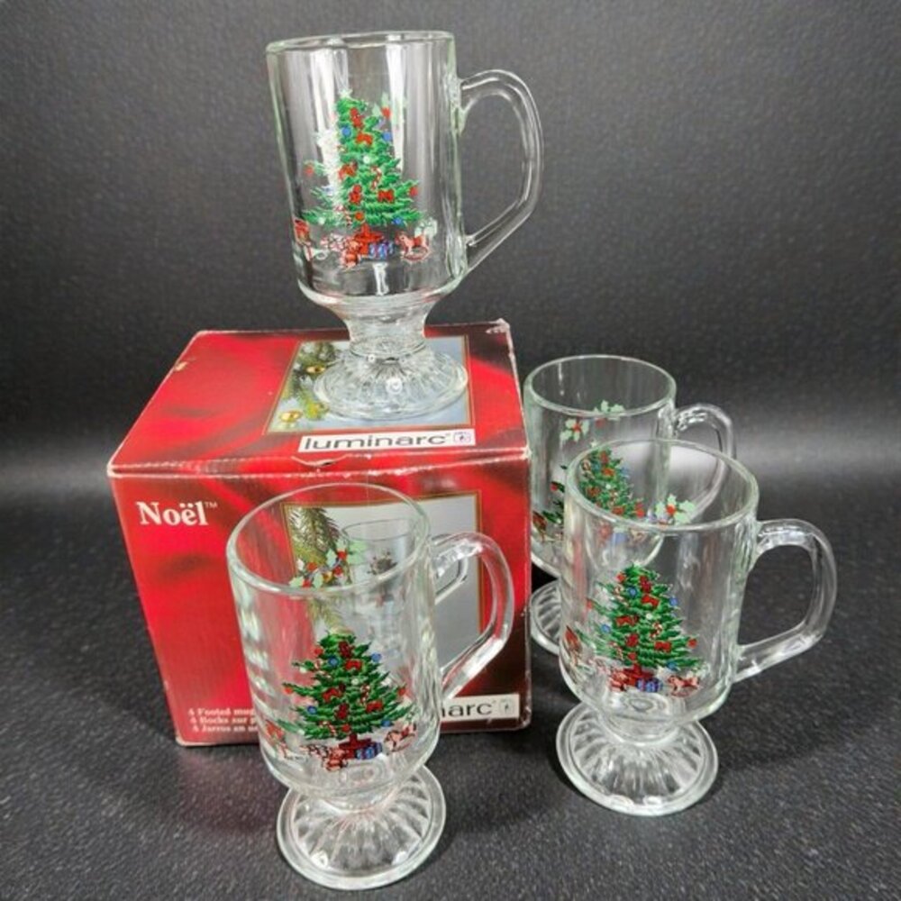 Luminarc Noel 10oz Pedestal Footed Glasses Cups‎ Set 4 New In Box Vintage Decor